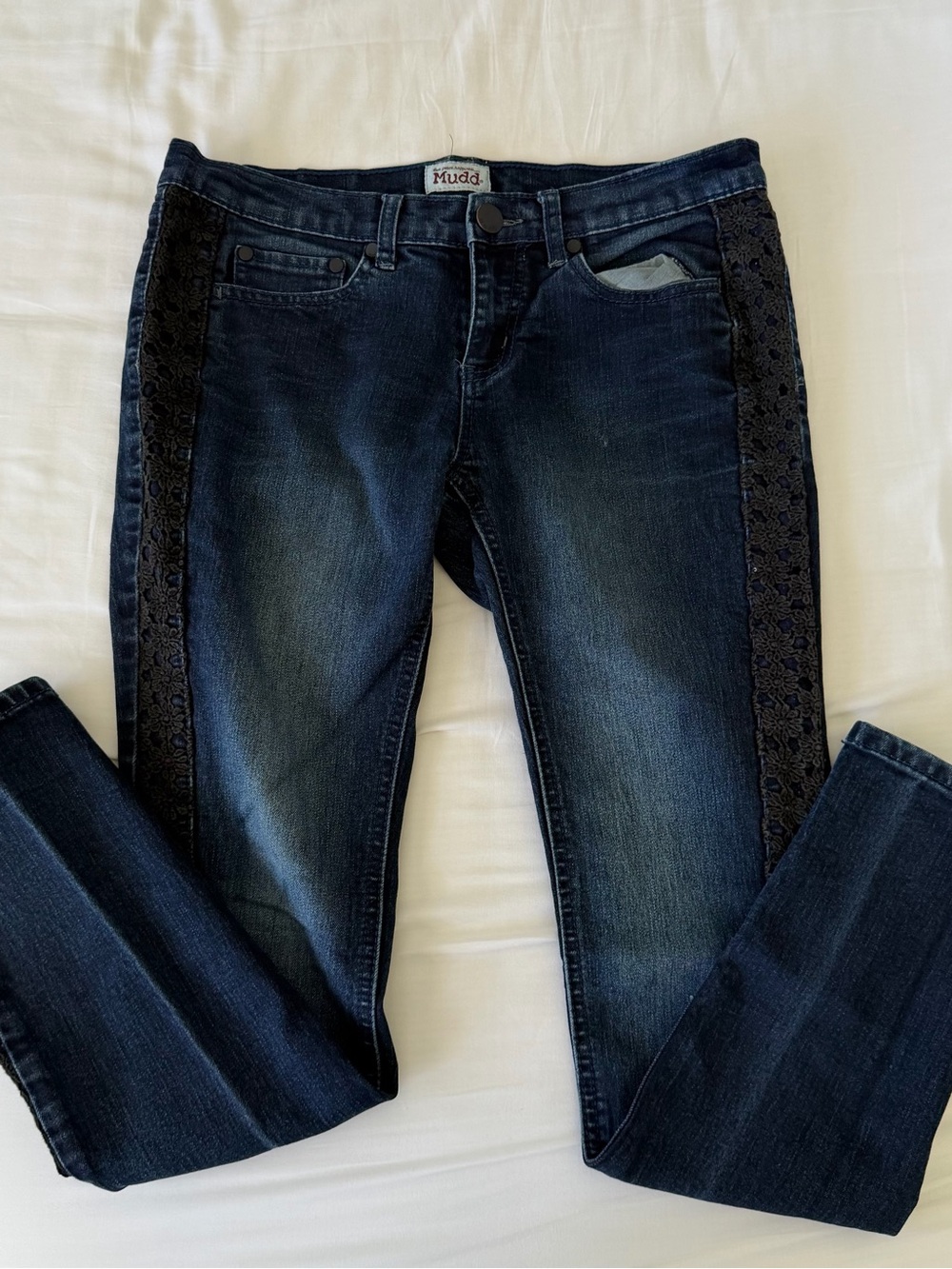 Mudd Dark Blue Skinny Jeans with Black Lace Side Panels